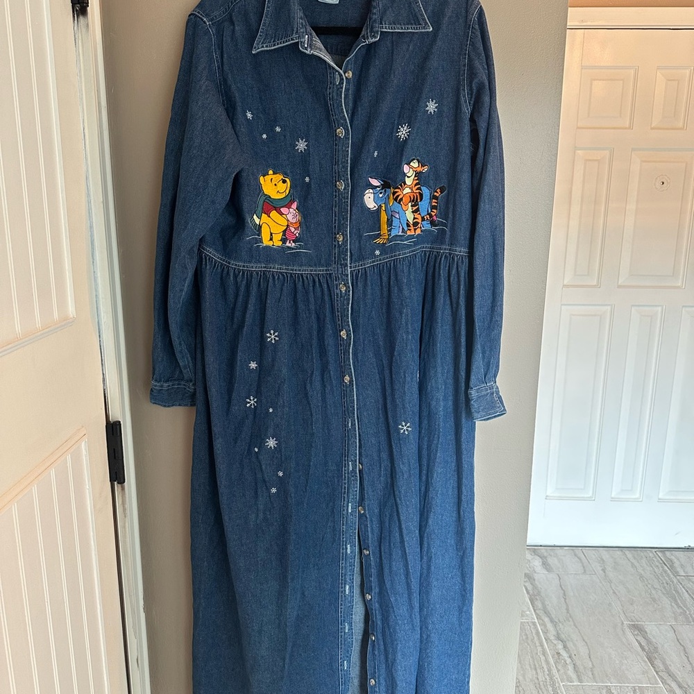 Disney Store VTG Blue Long Sleeve Denim Dress with Winnie the Pooh Characters